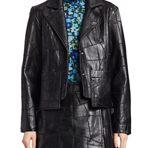 Ganni Patch Leather Jacket Sz 42/ US Sz 10 Black Snap Closure Front Pockets Nwot - Picture 2 of 7